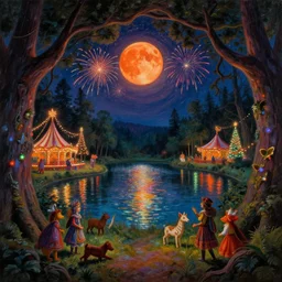 closeup of a night carnival inside a magical tree cavity, with a surreal orange moonlight and fireworks, next to a lake with iridiscent water, christmas lights, folklore animals and people disguised as fantastic creatures in a magical forest by summer night, masterpiece painted by storm thorgerson, scene by night, dark night environment, refraction lights, glares