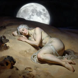 sleep of wise old beautiful woman Desert Spirit, under unresolved moon illusion, in the style of Frank Frazetta, Jeff Easley, Caravaggio, extremely clear and coherent, clear lines, 8K revolution