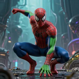 spiderman battles the green goblin, redesigned by yasushi nirasawa and alex ross, full figure action shot, alien world background, hdr, 8 k, octane render, volumetric lighting
