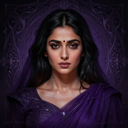 head-on centered symmetrical painted portrait, Shruti Hassan as a Sorcerer, black hair, purple robes, dramatic lighting, intricate, fantasy, intricate, elegant, highly detailed, digital painting, smooth, sharp focus, illustration, dramatic lighting, artstation, in the style of Artgerm and Anna Podedworna