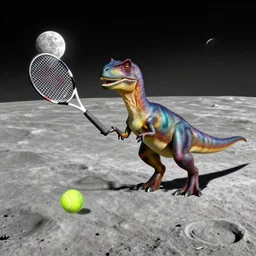 velociraptors playing tennis on the surface of the moon