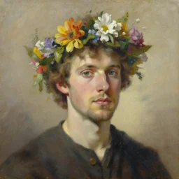 oil painting of adrian von ziegler wearing a flower crown