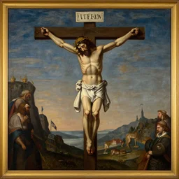 Crucified Viktor Orban on the Golgota, renaissance oil painting,