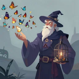 fantasy wizard holding a cage, with a swarm of butterflies fluttering out, detailed award-winning digital 2d fantasy art, trending on ArtStation