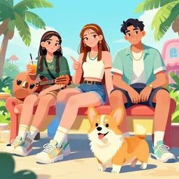 beautiful illustration of hiphop solarpunk summertime teen chilling with corgi, by dao le trong, daniela uhlig, craig mullins, craig davison. trending on artstation, 8 k, masterpiece, graffiti paint, fine detail, full of color, intricate detail, golden ratio illustration, face enhance