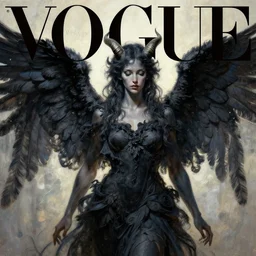 morning, vogue cover style, black angel with horns, poster art, high detail, intricate oil painting, multiple exposure, hyperrealism