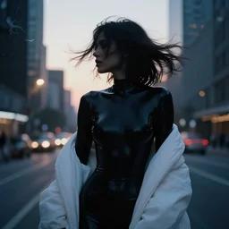 beautiful female body silhouette, beautiful portrait, photography by amy leibowitz and filip fedorov, white blanket in wind, black latex, urban city photography, close up portrait, cinematic still, film still, magic hour, dark mood, magic hour, cold colors, sony, kodak, long exposure, art noveau painting, liquid marble fluid painting, neon glow, god rays
