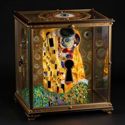 The Curio of Lost Memories by Karol Bak, Jean Deville, Gustav Klimt, and Vincent Van Gogh, lockbox, otherworldly, glass cabinet, keyhole, curio, fractal structures, arcane, inferno, inscribed runes, reliquary, infernal relics, ornate gilded medieval icon, third eye, spirals