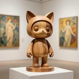 3D octane render ultra 8K photorealistic hyperdetailed unreal engine , a wooden sculpture art toys on a pedestal a very cute mystical robot of the bohemian with cat’s ears in a contemporary art gallery in neo Paris by Alphonse Mucha