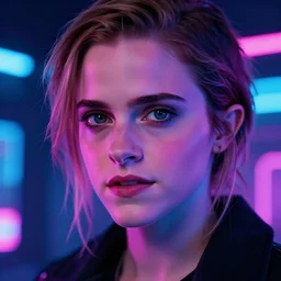 portrait of emma watson, cyberpunk, close up, neon portrait, low light, neon photography, by brandon woelfel, highly detailed, 4 k