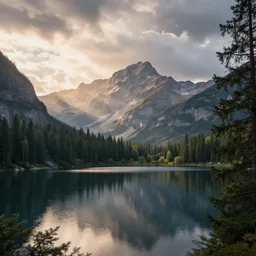 high quality photo of dreamy landscape of mountains, soft glow of sunlight, reflection in the lake, pine trees, dramatic clouds, professionally edited, sharp focus