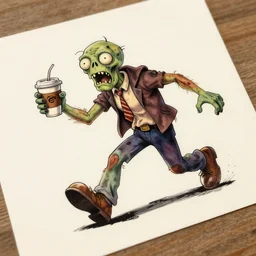 zombie chasing coffee, arms out, by mcbess, full colour print, vintage colours 1 9 5 0 s, high detail