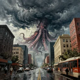 raining. dark clouds with stormy squid tentacles in sky. very low angle. very detailed painting by giger, futuristic. dreamlike. weird. horrific. wet asphalt. city street at 1 9 5 0 s. low angle. old photo. atmospheric. skyscrapers. vivid colours, mysterious. epic scene. trending on trainstation. 4 k. very high detailed.
