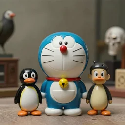 a photography frontal  portrait of  Doraemon and Pingu and Nobita   as a ceramic created by Matthew Barney and sculpted by Nick Cave , rim light studio, 80mm photo studio,  Nikkor color photography film, very detailed photography Hasselblad, , hyperrealism, octane rendering, 8k, depth of field, bokeh.