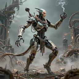 an immaculate render of a dancing mystical tribal android adorned with robotic scrap and cables and synthesizer parts is surrounded by wild tenticles made from elven architecture and incense smoke, full body, perfect face, powerful, cinematic, beautifully lit, by artgerm, by karol bak, 3 d, trending on artstation, octane render, 8 k