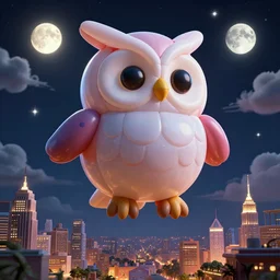 elaborate, giant, massive, detailed, 3 d, blowup balloon owl, floating in a 3 d dark, night sky with stars, clouds and glowing moon, cinematic, 3 d designed city, 4 k by'eva cremers'and'lesley barnes'and'jordan coelho'and wes anderson and james jean