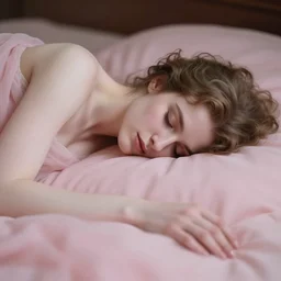 cinestill 5 0 d field of view of a dreamy beautiful pre - raphaelite woman allegorian of sleep myth in style of annie liebovitz - john watherhouse, elegant, highly detailed, pale pink matt, soft blur, artstation, sharp focus, head in focus