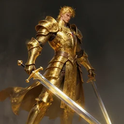 strong warrior with legendary sword, fantasy, man, gilded shiny armour, highly detailed, contrast, digital painting, artstation, concept art, wallpaper, smooth, sharp focus, illustration, illumination, raytracting, art by larry elmore, jeff easley, clyde waldwell, keith parkinson, daniel r horne