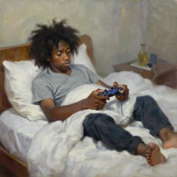 lanky black stoner with bad haircut, sulking in bed playing a video game because he's a moron husband, oil painting, greg rutkowski, masterpiece