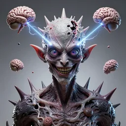 jason fused with a poltergeist lovecraft smiling space demon, spiky skin, creepy, melting, big eyes, laser beams, open head, flying pieces of the brain, photo, portrait, 3 d, high details, intricate details, by vincent di fate, artgerm julie bell beeple, 9 0 s, smooth gradients, volumetric lightning, high contrast, duo tone, depth of field, very coherent symmetrical artwork