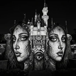 a dark night at disneyland, black and white, perfect eyes, detailed faces, outsider art, esoteric art,