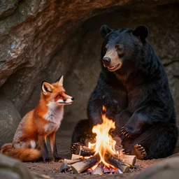 dream red fox and large black bear sitting in a cave, laughing at the funny fire, detailed, 8 k photo, soft focus