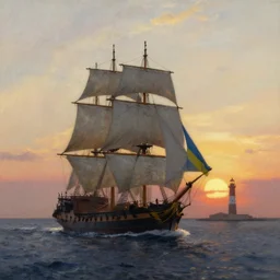 a lone sailing three - masted frigate under the ukrainian flag sails along the coast of italy at sunset. there is a tall lighthouse on the shore. aivazovsky's style
