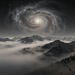 a beautiful digital render of a swiss landscape with mountains blending into clouds spiraling into a nebula, fog, dark, volumetric lighting, tall mountains in the background, starry night, very detailed, cirrus, washed out colors, intricate detail, ultrarealistic, master level composition, raytracing effects