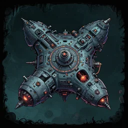 top down video game of a scary detailed mechanical spaceship in cartoon style