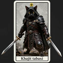 khajit tabaxi catfolk humanoid with maine coon features black fur with a scar on the left eye and holding two shortswords cloaked in shadow and wearing hooded leather armor agile, dungeons and dragons, fantasy, tarot card style, high detail, hyper realistic