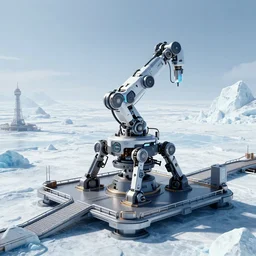 robotic cybernetic mining rig on launchpad on cybernetic ice planet. digital render. cyber space lineart sky. biotic ice. james gilleard. futuristic. detailed. mike winkelmann. beeple. robot. artstation.