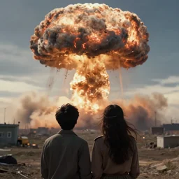 a young couple watching a nuclear explosion, romantic, mushroom cloud, uplifting, happy, apocalytic, by kim jung gi and greg rutkowski, rule of thirds