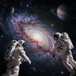 two astronauts in space, nebula, milky way on the middle, planets blur on the background, ethereal, romantic, galaxy, concept art, artstation, digital art, intricate details,