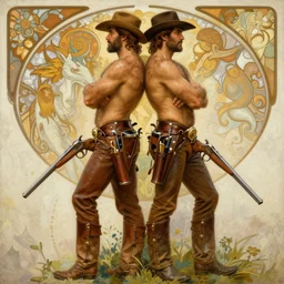 a homoerotic painting by gaston bussiere, craig mullins, alphonse mucha j. c. leyendecker of two attractive hairy cowboy gunslingers in love standing back to back | bandoliers, shirtless, leather clothing | natural lighting, path traced, highly detailed, high quality, digital painting, trending on artstation