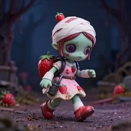 a very depressing femo figurine of a cute funny undead strawberry fairy zombie with bandages wearing a dirty floral torn strawberry dress featured on resident evil by david cronenberg and gamesworkshop, carrying survival gear, wearing strawberry backpack, shambling aimlessly in the night, dark melancholic atmosphere, 🎀 🧟 🍓 🧚