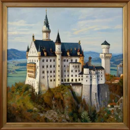 a beautiful old painting of a castle between mountains and hills, 4k detailed, very very well detailed painting