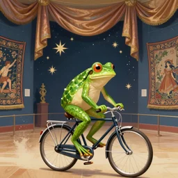 frog riding a bike in a museum with walls with stars and hanging silk drapery and tapestries, light dust, magnificent, close up, sharp focus, elegant, highly detailed, illustration, by jordan grimmer greg rutkowski wlop maya takamura, intricate, trending artstation, pixiv, digital art