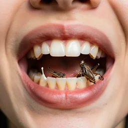 mouth full of broken decayed teeth and grasshoppers