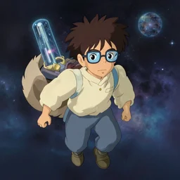 a shaggy teen with glasses floating in the cosmos by studio ghibli