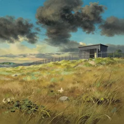 gouache matte painting!!! landscape ground panorama with metal fence, jail in far distance, dramatic daytime, cinematic angle, studio ghibli, makoto shinkai, pixar painting, cinematic lighting, detailed gouache painting, hyperrealistic, 8 k