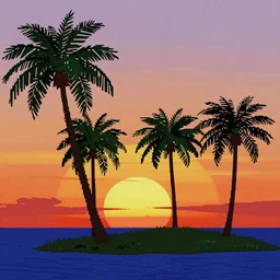 a sunset on an island populated with palm trees, 1990s computer graphics