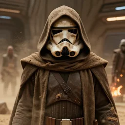 star wars film still, closeup portrait of a dirty jedi sandtrooper wearing a hooded cloak in a desert spaceport, dust, scum and villainy, rim light, embers, hyper detailed, smooth, high contrast, concept art, gta v, arney freytag, volumetric lighting, ralph mcquarrie, doug chiang, ryan church