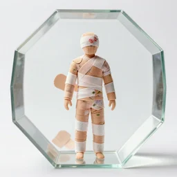 an ultra detailed photograph of a solitary man made of bandaids and floral patterns. bright lighting and perfect focus in a glass octahedron.