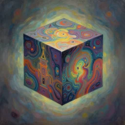 cyberpunk levitating cube. gouache fairytale art, russian romanticism, muted palette, psychedelic art, backlighting, depth of field