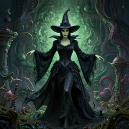 wicked witch, hyper detailed, flowing background, intricate and detailed, trippy, 8 k, octane render