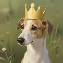 cute white brown greyhound wearing paper crown, natural lighting, path traced, highly detailed, high quality, digital painting, by don bluth and ross tran and studio ghibli and alphonse mucha, artgerm