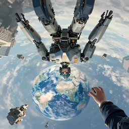 here is a giant robot and world hanging upside down. everything is gradually crumbling, anton fadeev, 2 d, overhead lens