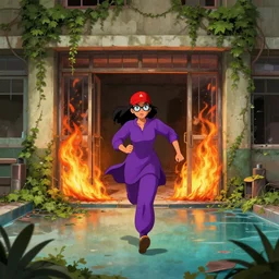 character art by ruan jia, young hyderabadi female wearing wayfarer glasses and red baseball hat and purple clothes running away and exiting from an abandoned mall's front doors, on fire, fire powers, abandoned mall in the 1 9 8 0 s, taken over by nature, covered in vines, dream pool