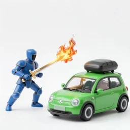 dragon spits fire on a blue knight holding a gold sword, a green hatchback car is nearby, low wide angle, anime, desert landscape, greg rutkowski, Murata, one punch man manga,