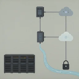 illustration of a data-center architecture schema, connector, firewall, cloud, security, datastream or river, painting by Jules Julien, Leslie David and Lisa Frank and Peter Mohrbacher and Alena Aenami and Dave LaChapelle muted colors with minimalism
